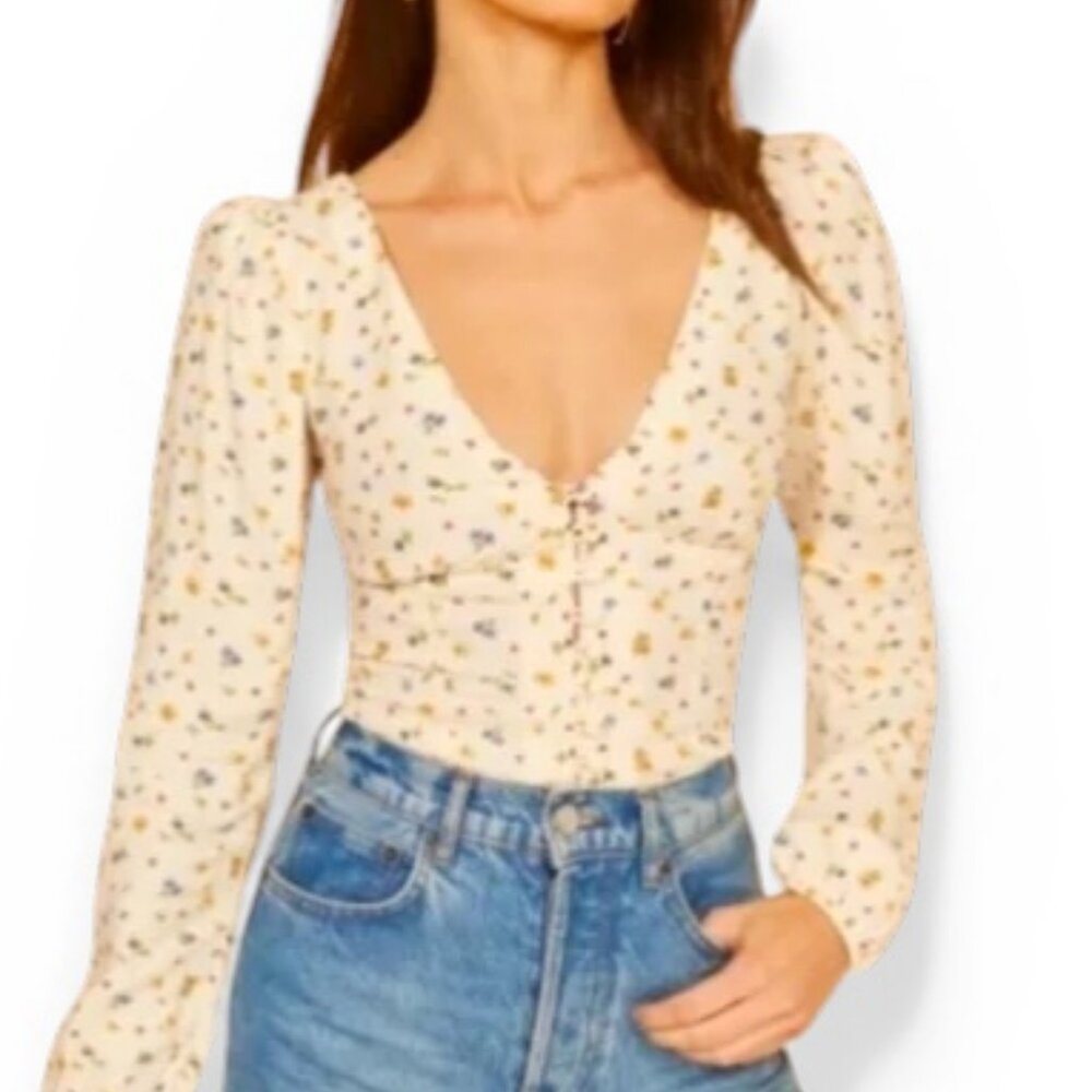 Reformation Nell Floral Print Blouse White Long Sleeve Tie Front Top Size Small - Picture 2 of 12